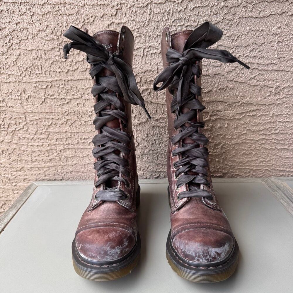Dr. Martens Triumph Boots Womens Sz 8 Brown Pink Floral Foldover Tall Combat - Picture 2 of 16